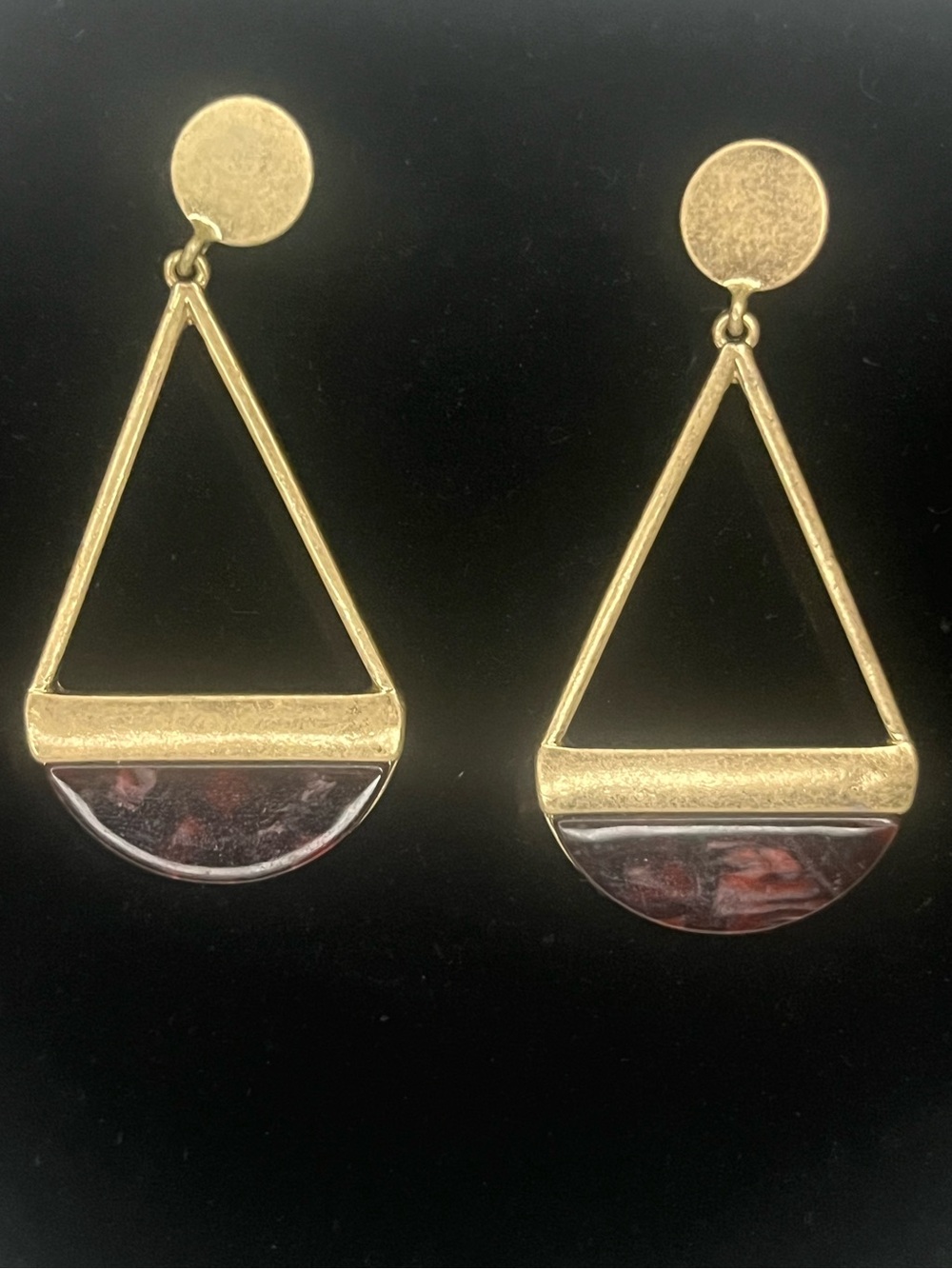 Gold Triangle Drop Earrings with Marbled Brown Inlay - Women Jewelry